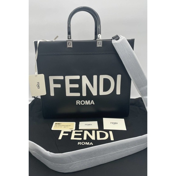 ❌❌SOLD!❌❌NEW Fendi Sunshine Tote Medium Black Leather Shopper Shoulder Bag Purse - Picture 4 of 11